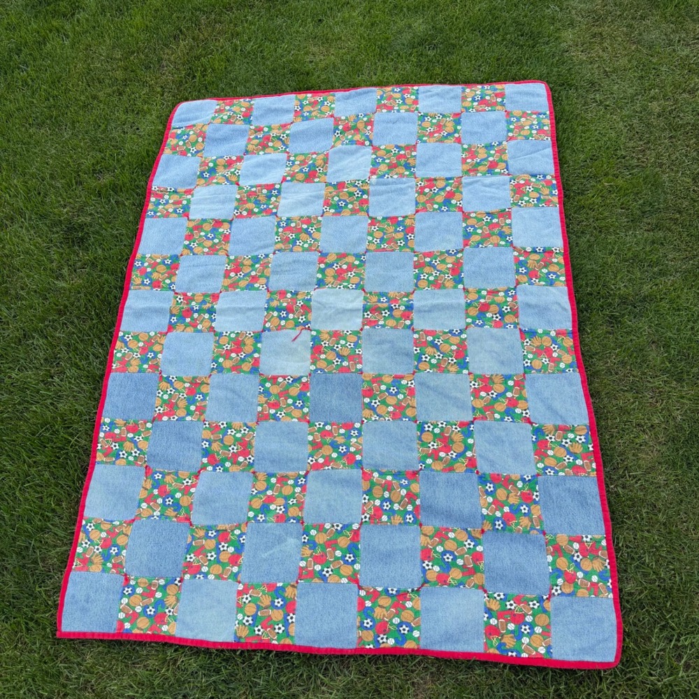 Handmade Denim Sports Patchwork Quilt Throw Blanket Blue Red Basketball Football